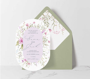 wild blooms pink double arch diecut wedding invitation green envelope