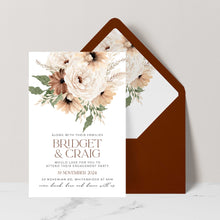 Bohemian Elegance engagement invitation featuring cream and brown flowers with greenery set with terracotta coloured envelope and matching floral liner