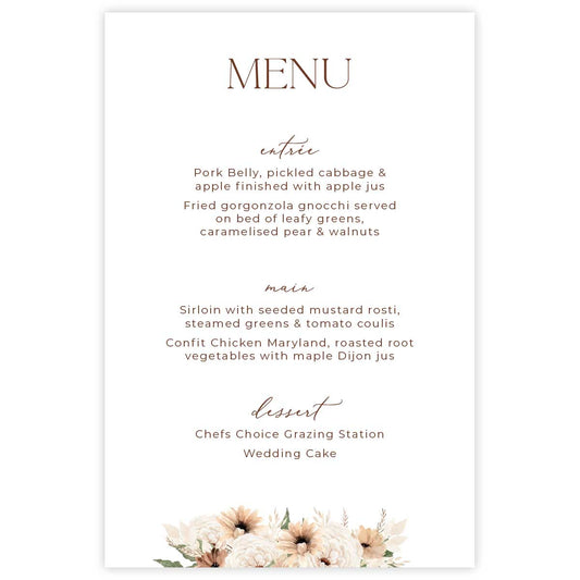 Bohemian Elegance Menu card featuring cream and brown flowers