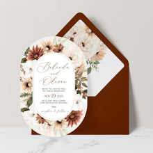 Bohemian Elegance double arch wedding invitation in arch shape featuring cream and brown flowers with greenery set with terracotta coloured envelope and matching floral liner