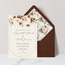 Bohemian Elegance wedding invitation in arch shape featuring cream and brown flowers with greenery set with brown coloured envelope and matching floral liner