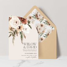 Bohemian Elegance wedding invitation in arch shape featuring cream and brown flowers with greenery set with terracotta coloured envelope and matching floral liner