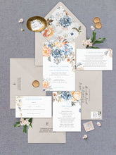 Bridgerton lake vintage inspired floral banner wedding invitation featuring blue and peach flowers with neutral coloured envelopes and liner