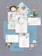 Bridgerton lake vintage inspired floral banner wedding invitation featuring blue and peach flowers with blue coloured envelopes and liner