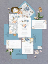 bridgeton lake vintage inspired floral banner wedding invitation suite with blue envelope and liner and gold wax seal