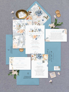 bridgeton lake vintage inspired floral banner wedding invitation suite with blue envelope and liner and gold wax seal