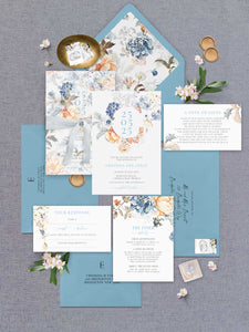 bridgeton lake vintage inspired floral banner wedding invitation suite with date, vellum wrap jacket and blue envelope and liner and gold wax seal