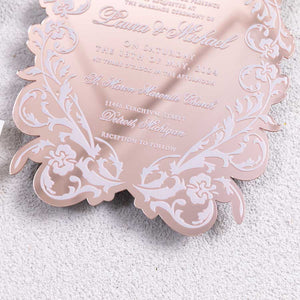 luxurious mirror rose gold acrylic shape wedding invitation closeup