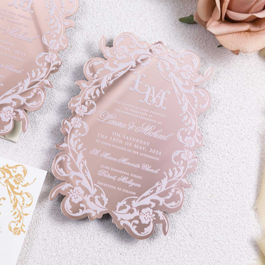 luxury mirror rose gold acrylic shape wedding invitation