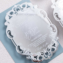 silver mirror luxury shape wedding invitation with dusty blue envelope