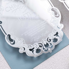 silver mirror luxury shape wedding invitation closeup