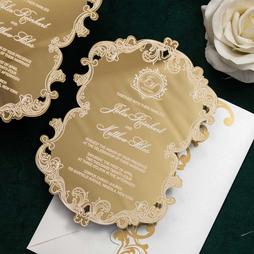 mirror gold acrylic vintage shape weddding invitation