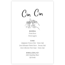 Menu with 'Cin Cin' text, handdrawn champagne glass design and drink suggestions on a white background