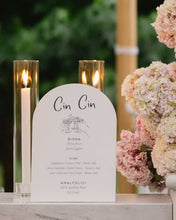 Wedding Bar Sign with 'Cin Cin' amoré design, candles, and flowers.