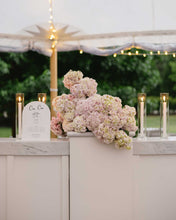Wedding Bar Sign with 'Cin Cin' amoré design, candles, and hydrangea flowers.