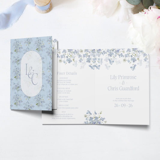 All in One Booklet Floral Primrose Spring wedding invitation with monogram and details on a white background