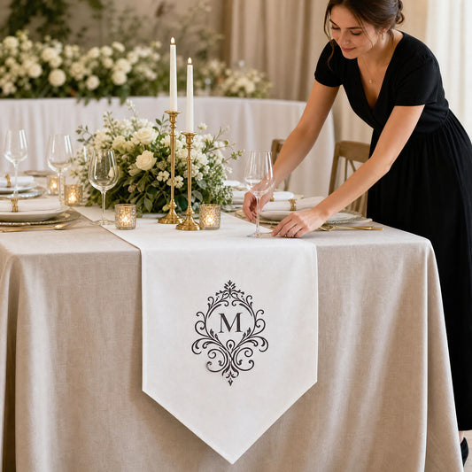 A woman in a black dress adjusts a white table runner with a black ornate monogram 'M' on a beautifully set wedding table with white flowers, gold candlesticks, and wine glasses.