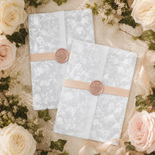 floral vine vellum wrap jacket printed in white ink on transparent paper with blush pink ribbon and wax seal