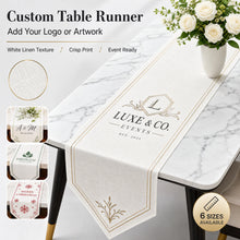 A white linen table runner with gold printed monogram and decorative text, draped over a white marble table. The image includes marketing text, a close-up texture inset, smaller customization examples, and a badge stating 6 sizes available.