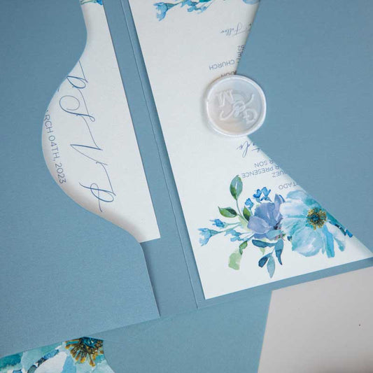 curved tri-fold pocket dusty blue shimmer close up