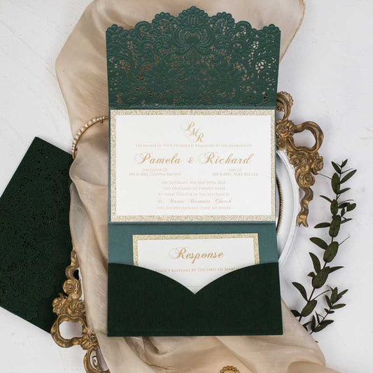 emerald green velvet laser-cut invitation open