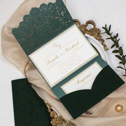 emerald green velvet laser-cut invitation open side