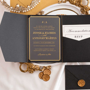 angle tri-fold pocket black acrylic invitation gold