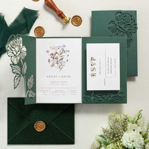 single rose laser-cut invitation pocket open