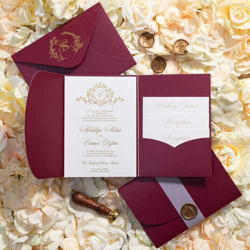 round tri-fold pocket burgundy and gold suite