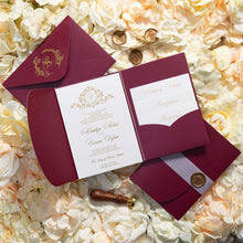 round tri-fold pocket burgundy and gold suite side