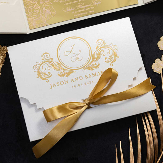 luxurious scallop invitation envelope box with gold ribbon