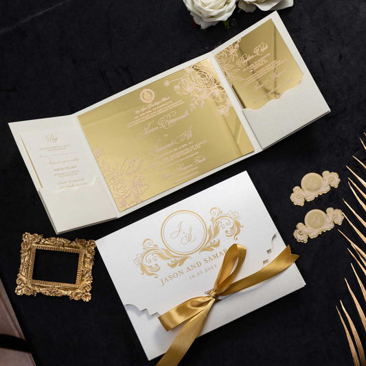 luxurious mirror acrylci wedding invitation pocket fold with box suite