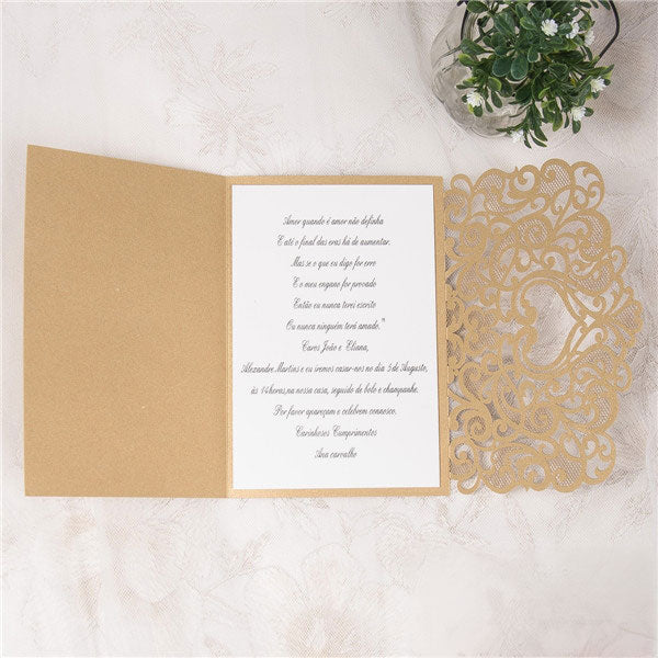 Graceful Heart - Laser-cut Tri-fold Pocket (open) in gold shimmer, featuring wedding invitation