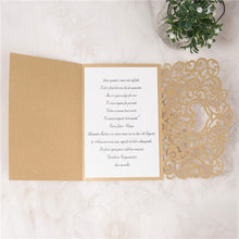 Graceful Heart - Laser-cut Tri-fold Pocket (open) in gold shimmer, featuring wedding invitation