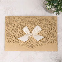 Graceful Heart - Laser-cut Tri-fold Pocket (closed) in gold shimmer, featuring a white bow
