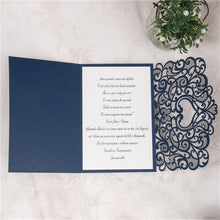 Graceful Heart - Laser-cut Tri-fold Pocket (open) in navy shimmer, featuring wedding invitation