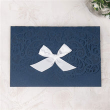 Graceful Heart - Laser-cut Tri-fold Pocket (closed) in navy shimmer, featuring a white bow