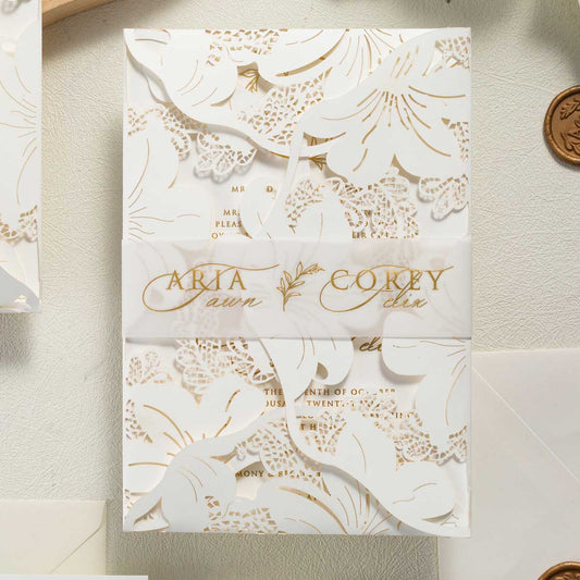 floral lily laser-cut invitation with gold foil belly band