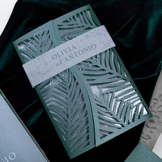 green palm leaves laser-cut invitation