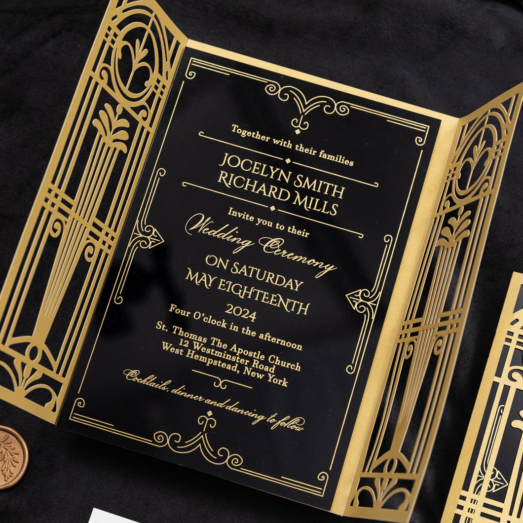 gold art deco design laser-cut invitation black and gold