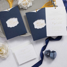 arabesque pocket wedding invitation in navyshimmer with gold tassel