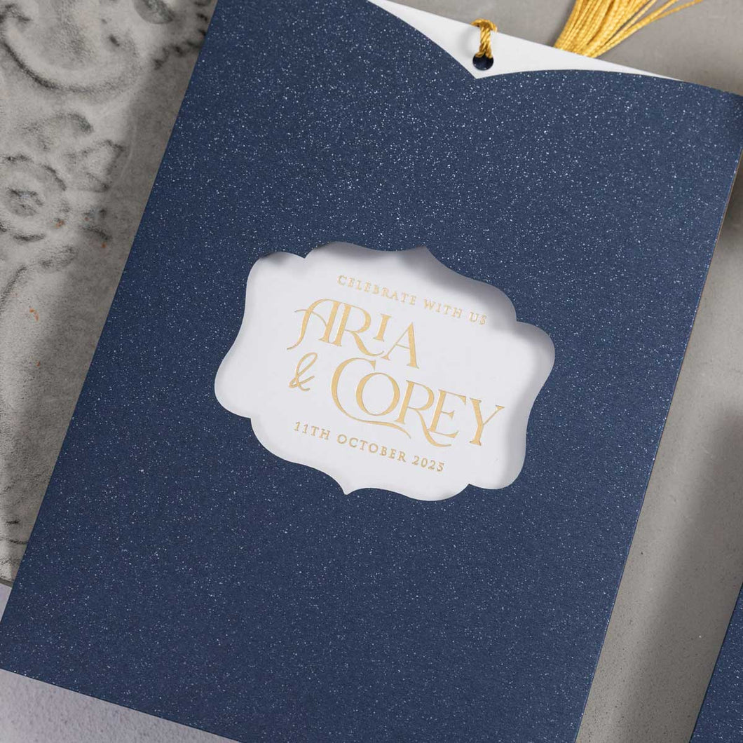 arabesque pocket wedding invitation in navyshimmer