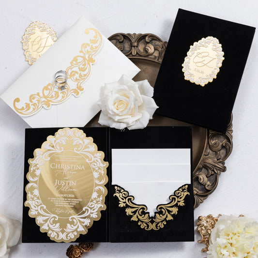 luxurious wedding invitation suite featuring a gold mirror die-cut acrylic invitation, black velvet pocket with foil