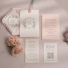 silver foil embossed pocket in pink with personalised monogram vintage emblem on front with silver foiled envelope liner