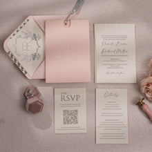 embossed pocket in pink with personalised monogram vintage emblem on front with silver foiled envelope liner