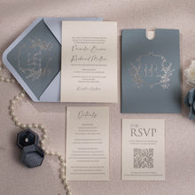 silver foiled embossed pocket in blue with personalised monogram vintage emblem on front with silver foiled envelope liner