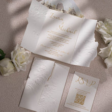 Sculptured embossed rose designed gate-fold wedding invitation suite side