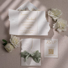 Sculptured embossed rose designed gate-fold wedding invitation suite