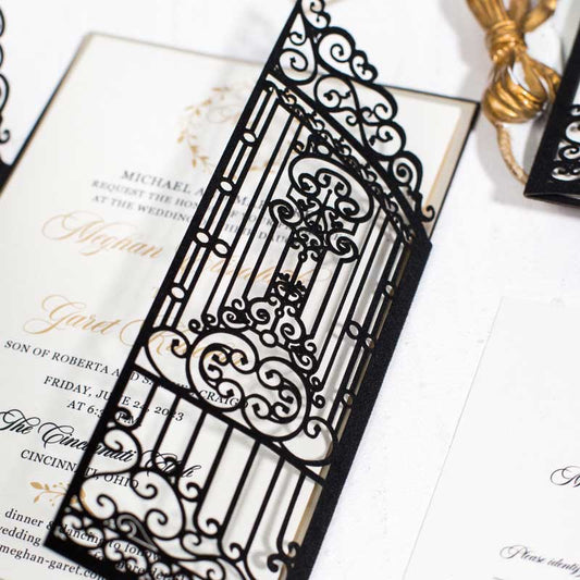 iron gates black velvet laser-cut invitation closeup