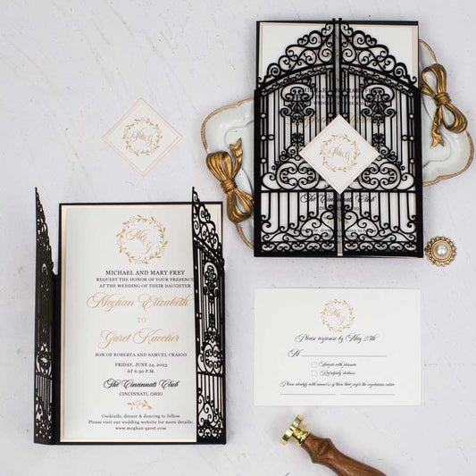 iron gates black velvet laser-cut invitation
